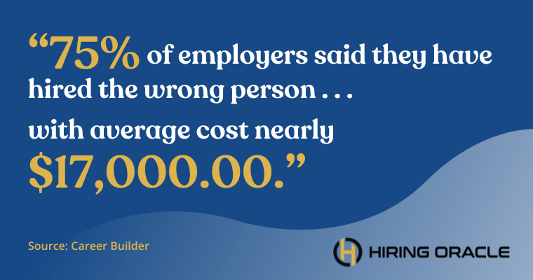 "75% of employers said they have hired the wrong person... with average cost nearly $17,000.00." Source: Career Builder, Hiring Oracle logo at the bottom right.